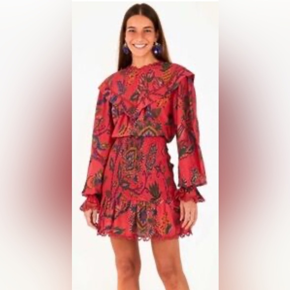 FARM Rio Sunset Tapestry Blush Mini in Red Smocked Cotton Dress size Large EUC - Picture 1 of 13